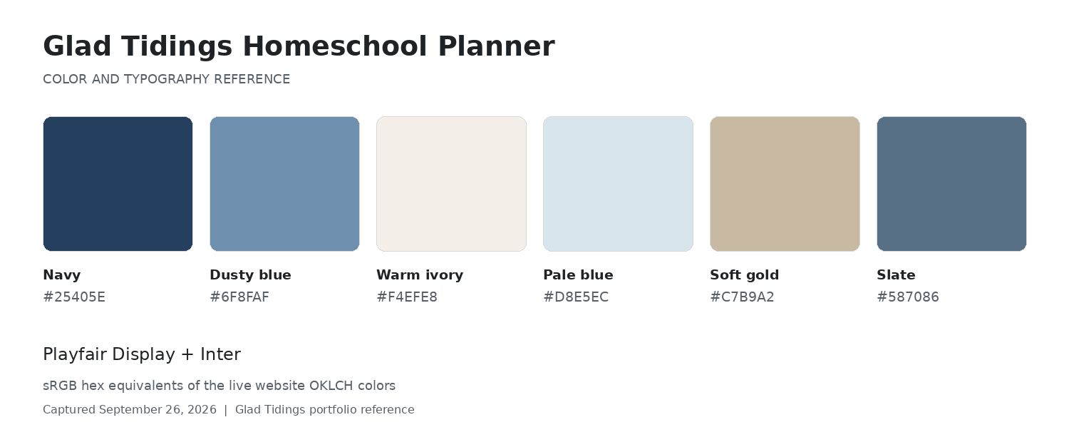 Glad Tidings Homeschool Planner color palette: navy, dusty blue, warm ivory, pale blue, soft gold, and slate, with Playfair Display and Inter.