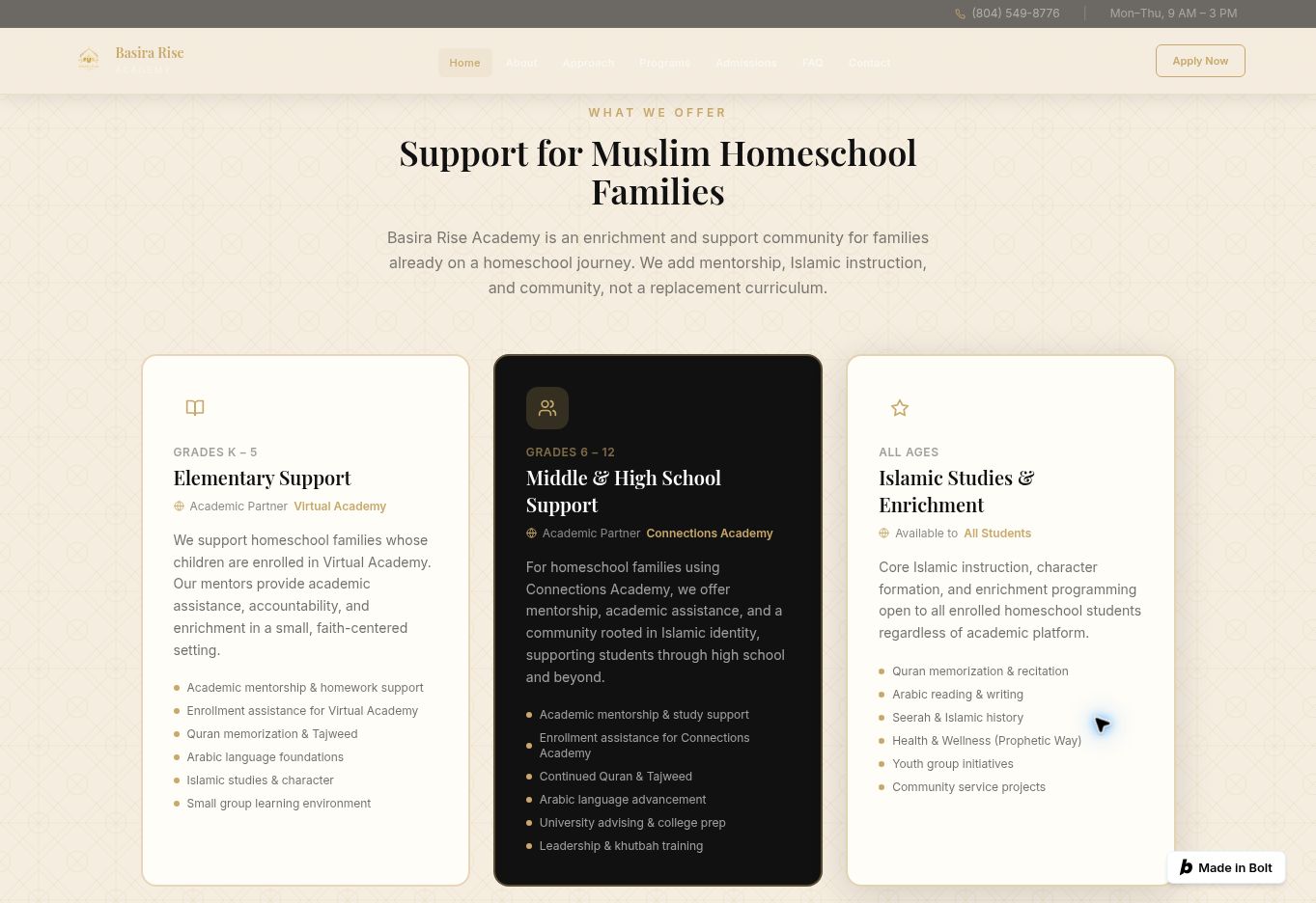 Basira Rise Academy program section with three cards for elementary, middle and high school, and Islamic studies.