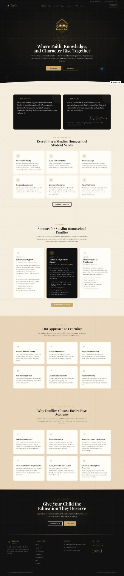 Full Basira Rise Academy homepage from the dark hero through mission, programs, approach, and footer.