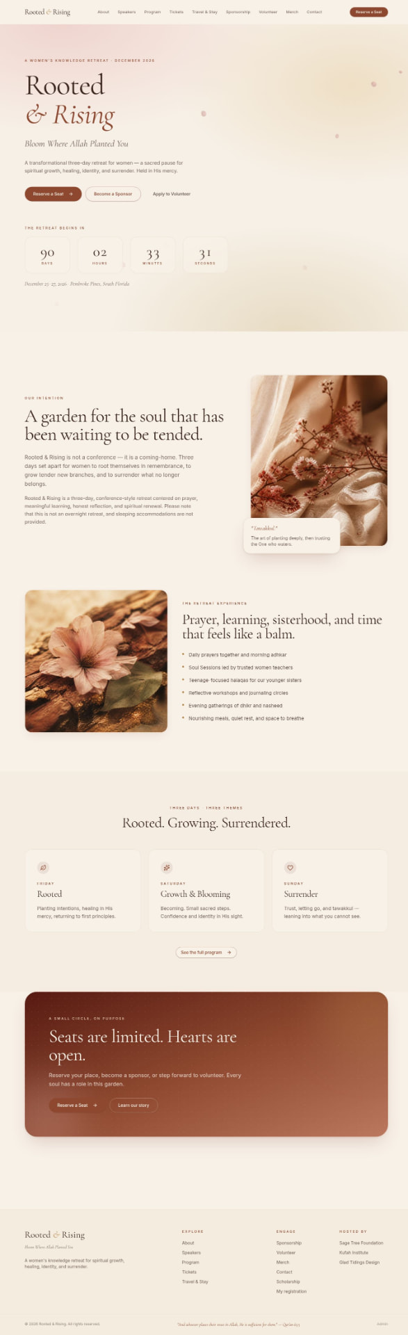 Full Rooted & Rising homepage showing the countdown, intention section, retreat experience list, three theme cards, and footer.