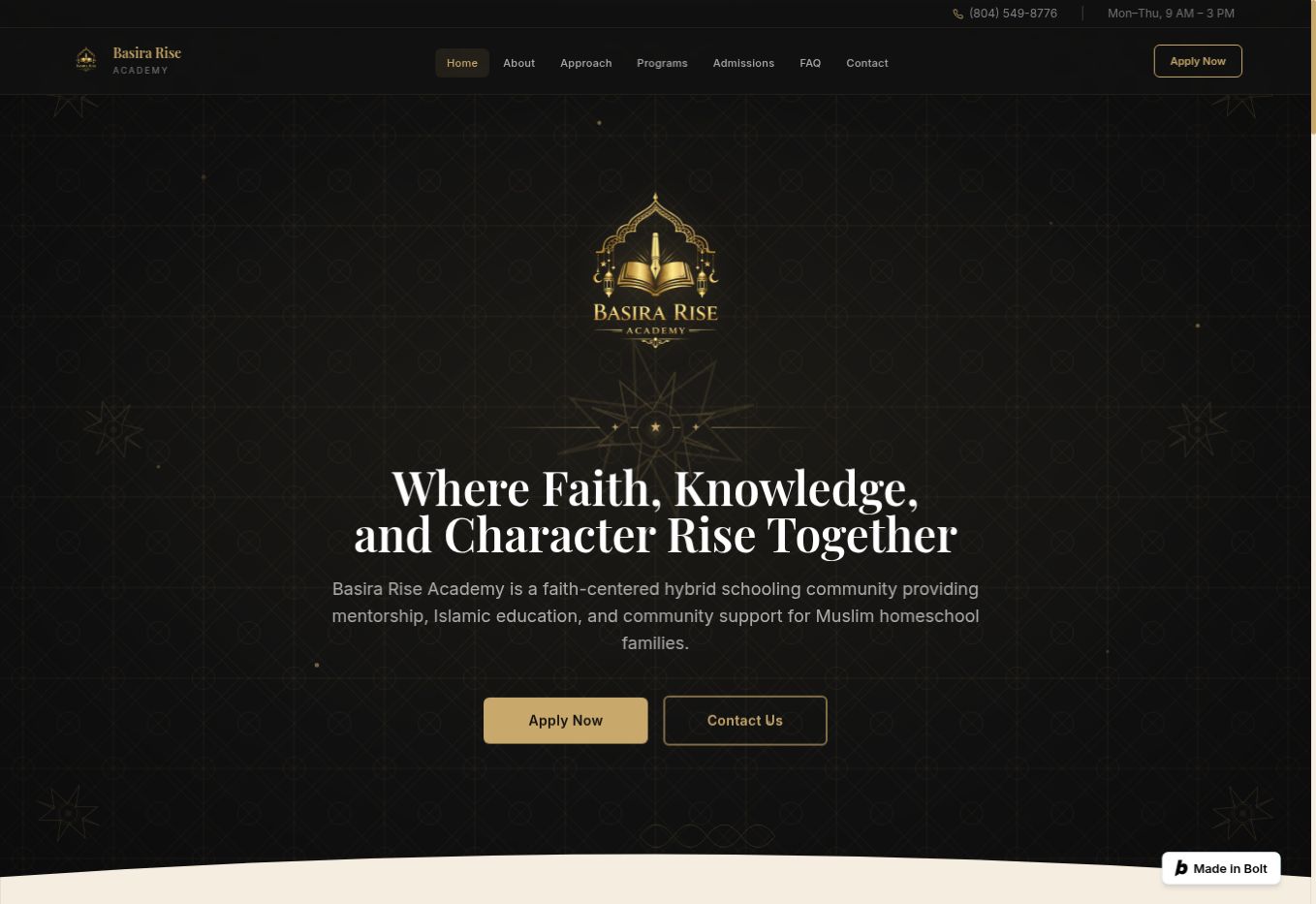 Basira Rise Academy homepage with a black and gold geometric background, academy emblem, and admissions links.